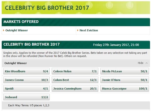 Paddy Power celebrity big brother betting